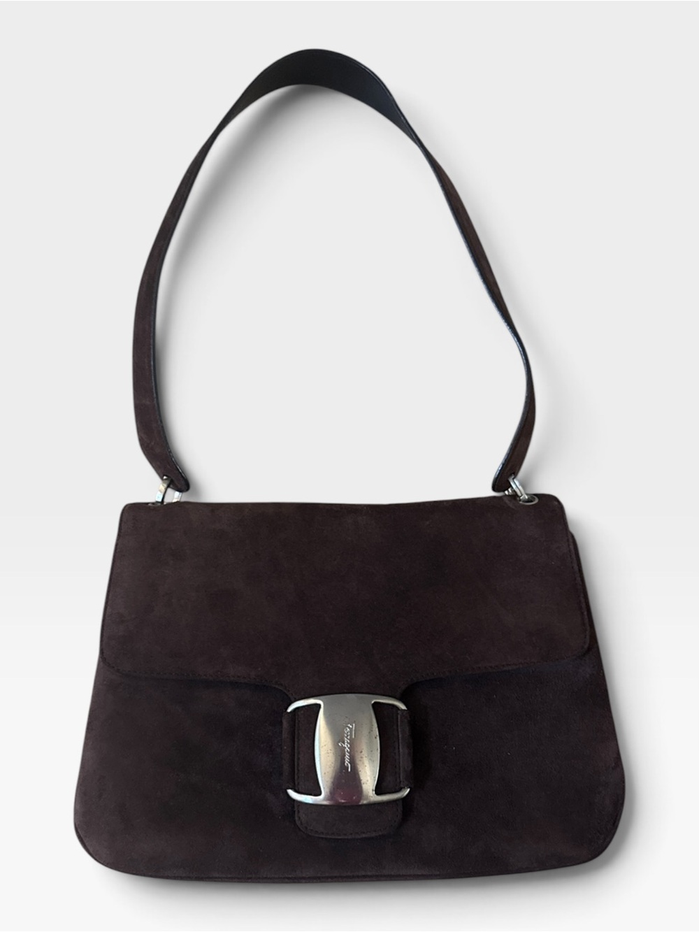 VTG Salvatore Ferragamo Chocolate Brown Suede Flap Shoulder Bag
